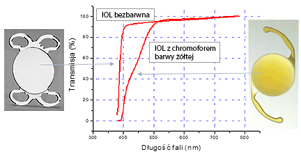 Wykresy obrazujące różnice w przepuszczaniu światła dla dwóch typowych, powszechnie stosowa-nych soczewek wewnątrzgałkowych z chromoforem o barwie żółtej i bez tego chromoforu